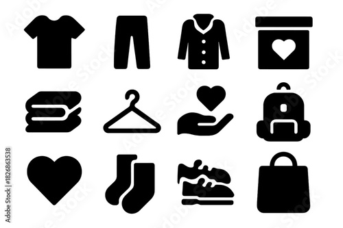 Charity Donation Icons. Charity Donation. Solid icon set of t-shirt, pants, coat, donation box, folded clothes, hanger, hand giving, backpack, heart, socks,