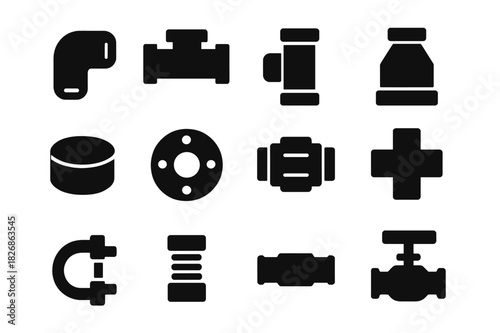 Plumbing Icon Set. Plumbing Connections. Solid icon set of elbow, T-joint, coupler, reducer, cap, flange, union, cross, adapter, clamp, nipple, valve. Filled