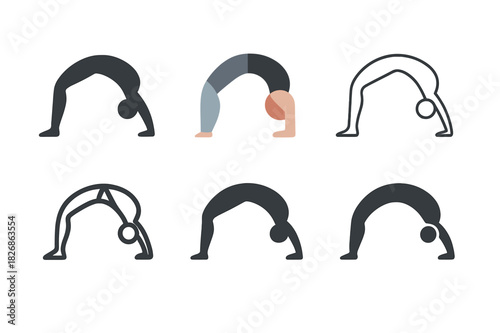 Pilates Logo Variations. Pilates and Stretching. Icon set. Set Logo of fitness balance: person in pilates bridge pose. harmonious logo variations of the same