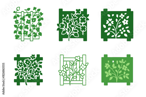 Climbing Plant Logos. Adding climbing plants like ivy or roses along fences or trellises. Icon set. Set Logo of Adding climbing plants like ivy or roses along