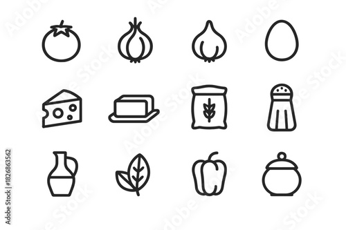 Cooking Icons Collection. Cooking ingredients. Line icon set of cooking ingredients: tomato, onion, garlic, egg, cheese, butter, flour bag, salt shaker, oil
