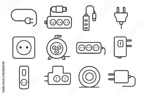 Workspace Extension Icons. Workspace extension. Line icon set of workspace extension: extension cord, power strip, USB hub, plug, wall socket, cable reel,