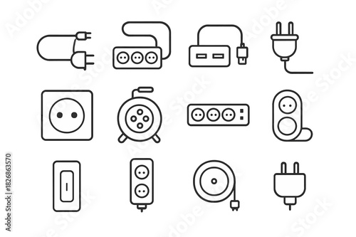 Workspace Extension Icons. Workspace extension. Line icon set of workspace extension: extension cord, power strip, USB hub, plug, wall socket, cable reel,