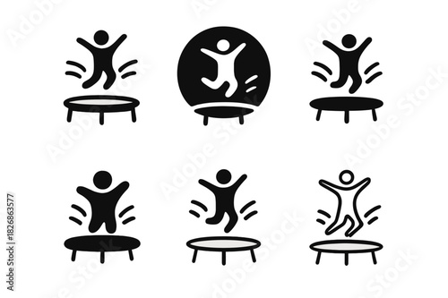 Trampoline Bounce Icons. Jumping on a trampoline in a backyard. Icon set. Set Logo of outdoor fun: trampoline bounce energy waves. harmonious logo variations