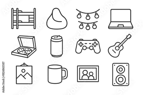 Dorm Room Essentials. Dorm room fun. Line icon set of dorm room fun: bunk bed, bean bag, fairy lights, laptop, pizza box, soda can, game controller, guitar,