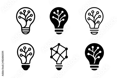 Creative Neuroscience Icons. Neuroscience of creativity. Icon set. Set Logo of creative neuroscience: neural network forming a light bulb. harmonious logo