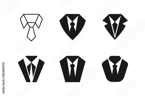 Suit Logo Variations. Wearing suit. Icon set. Set Logo of wearing suit: minimalist suit collar with tie knot center. harmonious logo variations of the same