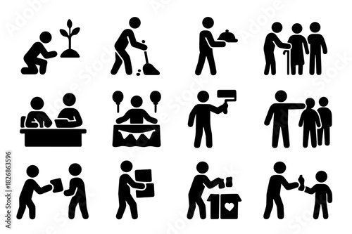 Volunteer Icon Set. Volunteer activities. Solid icon set of volunteer activities: planting trees, cleaning park, delivering meals, assisting elder, tutoring