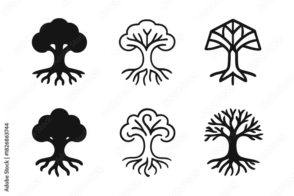 Fototapeta premium Yggdrasil Logo Set. Yggdrasil tree. Icon set. Set Logo of Yggdrasil tree: Mystical tree with floating roots. harmonious logo variations of the same emblematic