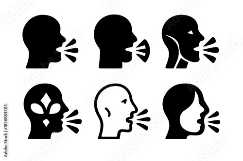 Expressive Face Logos. Monologues. Icon set. Set Logo of monologues: expressive face profile. harmonious logo variations of the same emblematic concept, each