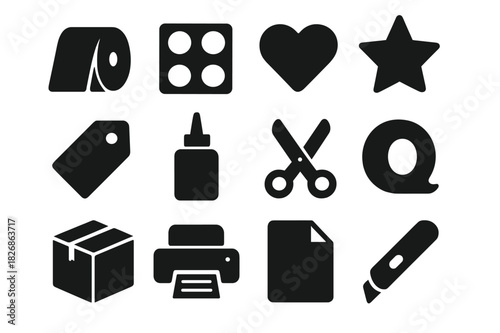 Sticker Label Icons. Sticker Labels. Solid icon set of Sticker Labels: label roll, sticker sheet, heart, star, tag, glue bottle, scissors, tape, box, printer,
