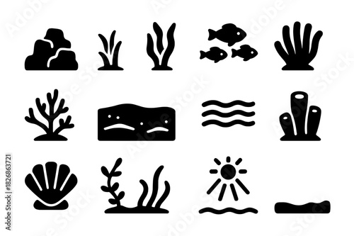 Underwater Icon Set. Underwater ecosystem. Solid icon set of Underwater ecosystem: reef structure, marine plants, fish school, sea anemone, coral branch, sea