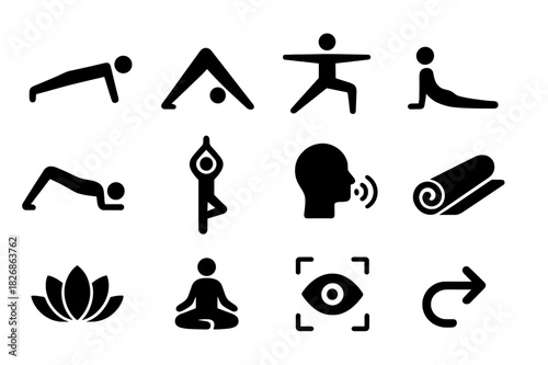 Yoga Icon Collection. Yoga and Stability. Solid icon set of Yoga and Stability: plank, downward dog, warrior pose, cobra, bridge, tree pose, breathing icon,
