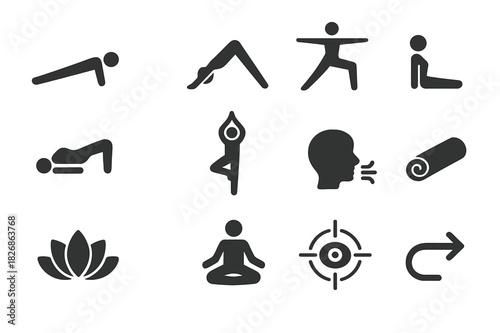 Yoga Icon Collection. Yoga and Stability. Solid icon set of Yoga and Stability: plank, downward dog, warrior pose, cobra, bridge, tree pose, breathing icon,