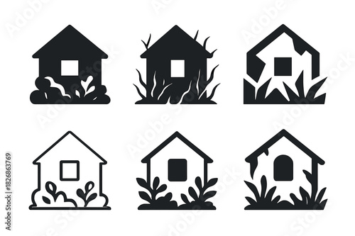 Abandoned House Logos. Dilapidated house with no sign of life. Icon set. Set Logo of abandoned home: overgrown structure. harmonious logo variations of the