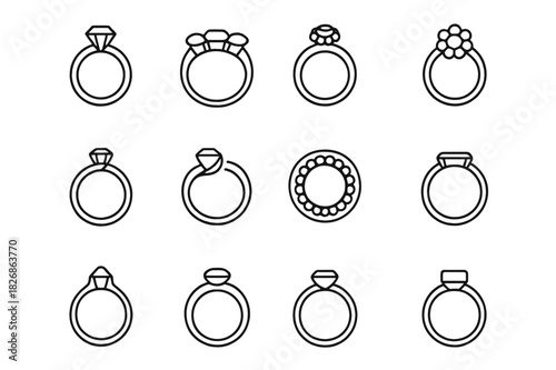Ring Styles Icons. Ring styles. Line icon set of ring styles: solitaire, three-stone, halo, cluster, tension, bypass, eternity, pave, cathedral, bezel,