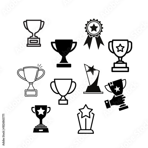 Minimal trophy icons featuring clean lines, victory symbols, award shapes, and achievement graphics in modern style.