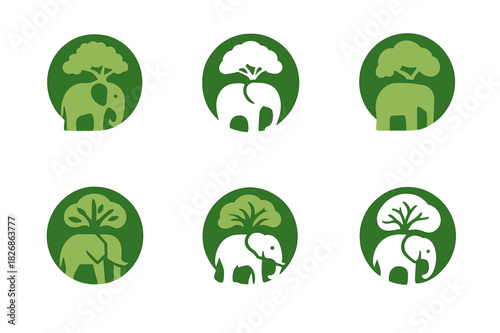 Eco-Tourism Logo Variations. Eco-tourism with wildlife preservation. Icon set. Set Logo of eco-tourism with wildlife preservation: elephant and tree combined