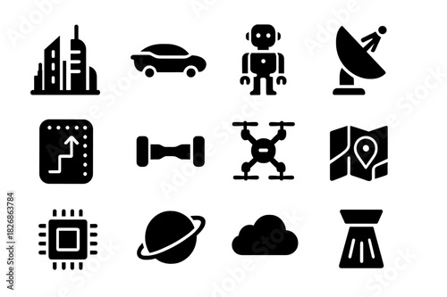 Futuristic Icon Grid. Futuristic Cities. Solid icon set of Futuristic Cities: skyscraper, flying car, robot, satellite dish, neon sign, hoverboard, drone,