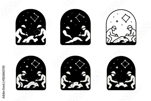 Alien Life Logo Set. The Search for Ancient Extraterrestrial Life. Icon set. Set Logo of starlit excavation: researchers under alien constellations. harmonious