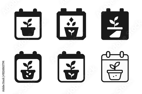 Seed Planting Icons. Planting seeds in pots. Icon set. Set Logo of Planting seeds in pots: calendar with germination day and pot. harmonious logo variations of