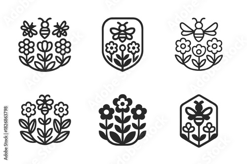 Flower Garden Logos. Flowering garden and bees. Icon set. Set Logo of flowering garden and bees: nectar gathering moment. harmonious logo variations of the