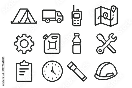Camp Icons Collection. Camp logistics. Line icon set of camp logistics: tent, truck, radio, map, gear box, fuel can, water bottle, tool, clipboard, clock,