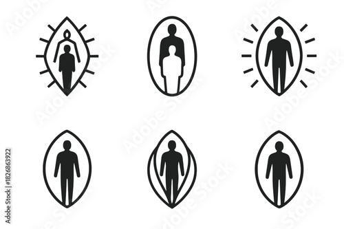 Soul Emblem Variations. Soul leaving the body. Icon set. Set Logo of soul leaving the body: Light aura around figure. harmonious logo variations of the same