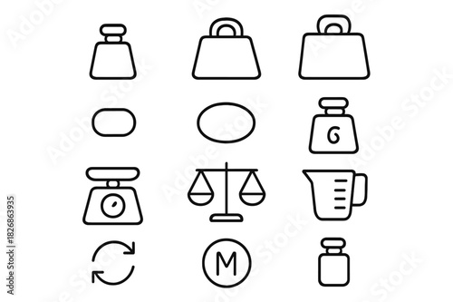 Mass Measurement Icons. Units of mass. Line icon set of units of mass: gram, kilogram, ton, milligram, ounce, pound, weight icon, balance scale, measuring cup,