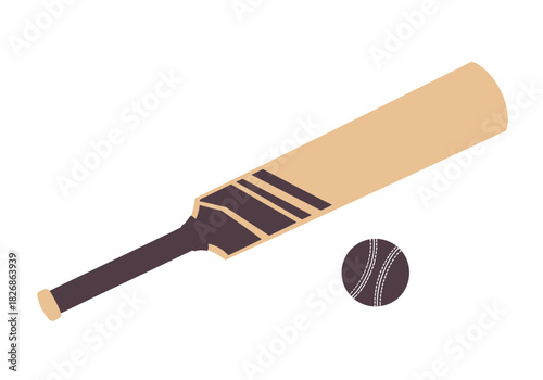 Isometric illustration of a cricket bat and ball on a white background