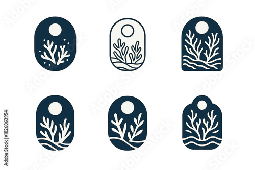 Moonlit Marine Logos. Marine life under moonlit waters. Icon set. Set Logo of marine life under moonlit waters: coral reef at night. harmonious logo variations