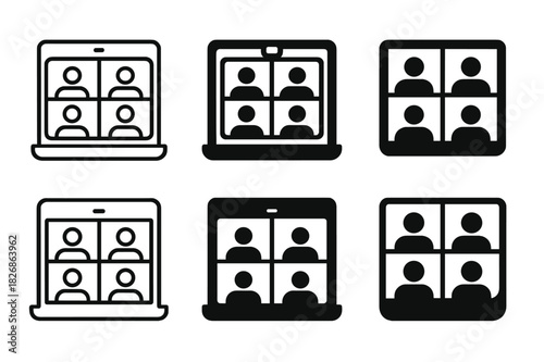 Digital Classroom Icons. Digital classroom interface. Icon set. Set Logo of Digital classroom interface: video call grid of students. harmonious logo