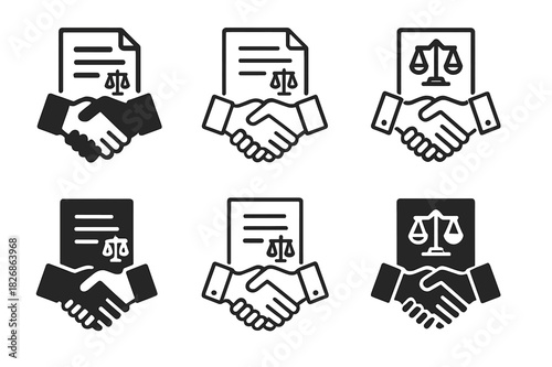 Legal Representation Icons. Representation in civil court cases and legal settlements. Icon set. Set Logo of representation in civil court cases and legal