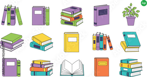Set of Colorful Books Vector Collection Stacks of Closed Books, Open Book, and Single Hardcover Volumes with a Decorative Plant Pot Illustration..