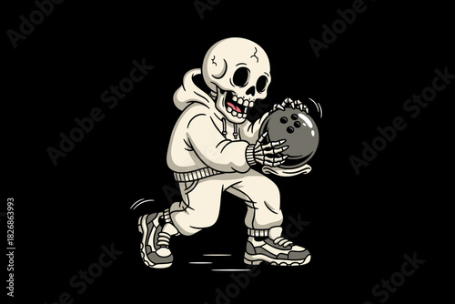 Skeleton bowling player holding a bowling ball ready to play.
