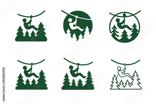Adventure Park Logos. Outdoor adventure parks and zip-lining. Icon set. Set Logo of outdoor adventure parks and zip-lining: zip-line rope curving over forest