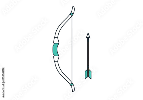 Stylized illustration of a recurve bow and a single arrow on a white background
