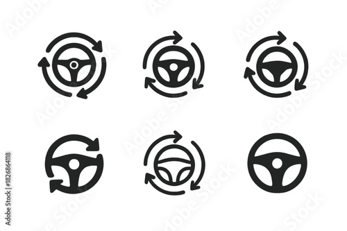 Diverse Steering Wheel Logos. Driving. Icon set. Set Logo of Driving: Steering Wheel with Arrows. harmonious logo variations of the same emblematic concept,