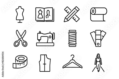 Fashion Design Icons. Fashion Design Process. Line icon set of Fashion Design Process: dress mannequin, sketchbook, pencil and ruler, fabric roll, scissors,