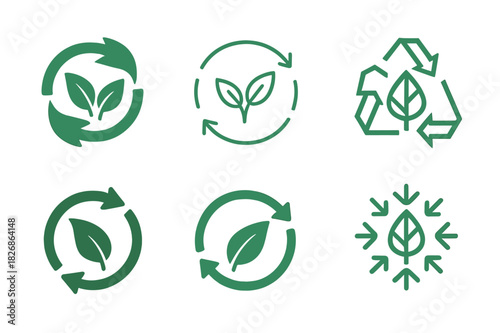 Sustainable Resource Icons. Sustainable sourcing of natural resources. Icon set. Set Logo of sustainable sourcing: renewable cycle arrows. harmonious logo