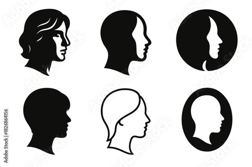 Chiaroscuro Icon Variations. Shadows and light. Icon set. Set Logo of Shadows and light: chiaroscuro portrait profile. harmonious logo variations of the same
