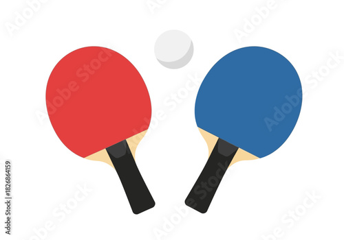 Two ping pong paddles one red and one blue flanking a white ball