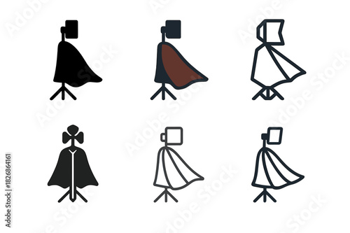 Cosplay Photography Logos. Cosplay photography studio. Icon set. Set Logo of cosplay photography: light stand and cape. harmonious logo variations of the same