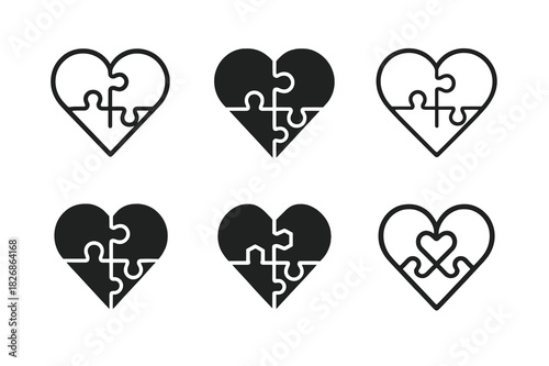 Harmony Puzzle Hearts. Creating positive relationship habits for long-term success. Icon set. Set Logo of creating positive relationship habits for long-term
