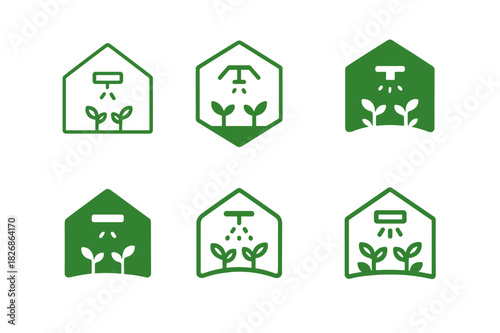 Greenhouse Logo Variations. Greenhouse farming. Icon set. Set Logo of greenhouse: greenhouse with irrigation system. harmonious logo variations of the same