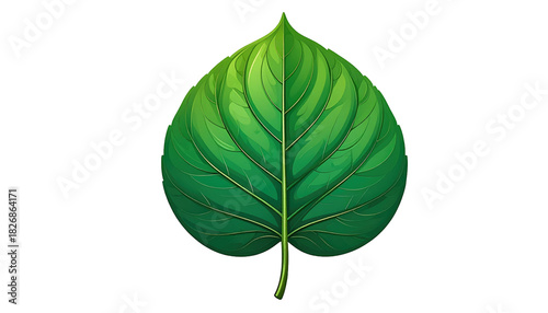 A vibrant, detailed illustration of a single green leaf. The leaf is depicted against a stark, black background, highlighting its form