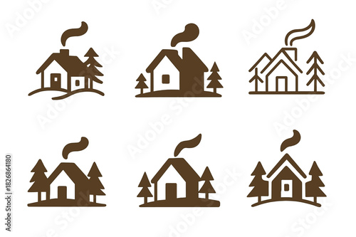 Ski Lodge Logo Collection. Winter ski lodge or chalet celebration. Icon set. Set Logo of winter ski lodge or chalet celebration: ski lodge with chimney smoke