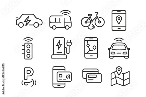 Smart Mobility Icons. Smart Mobility. Line icon set of Smart Mobility: electric car, smart bus, shared bike, ride-hailing app, traffic sensor, EV charging