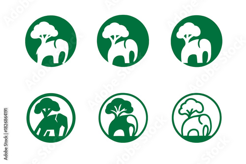 Eco-Tourism Logo Variations. Eco-tourism with wildlife preservation. Icon set. Set Logo of eco-tourism with wildlife preservation: elephant and tree combined