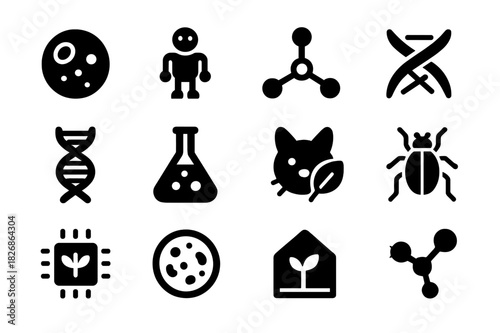 Synthetic Life Icons. Synthetic life. Solid icon set of Synthetic life: artificial cell, bio-robot, nanobot, genetic modification, synthetic DNA, laboratory